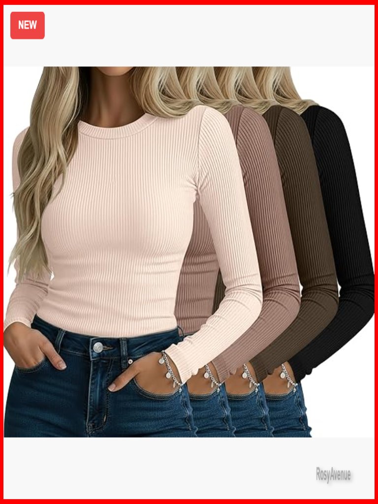 4 Pack Ribbed Long Sleeve Crew Neck Tops Slim Fit Cotton Stretch Base Layer Tees